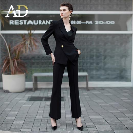 黑色围裹式翘肩西装套装女金属一粒扣西服外套洋气九分阔腿裤子 商品图2