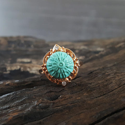 【天然正品】AU750玫瑰金镶钻镶天然高瓷高蓝原矿绿松石戒指  161223NJM31 商品图3