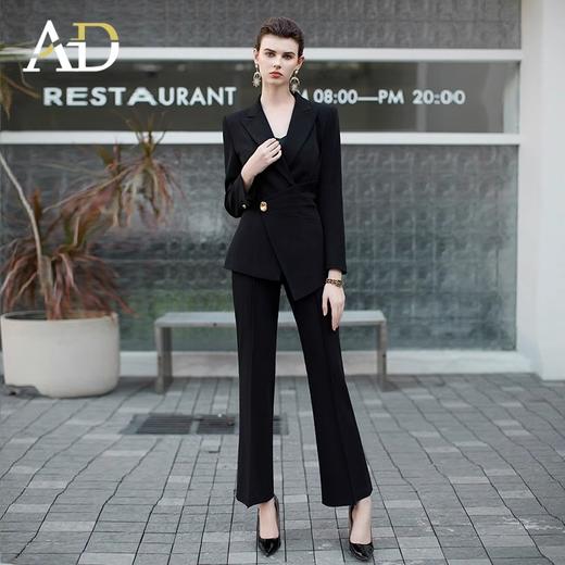 黑色围裹式翘肩西装套装女金属一粒扣西服外套洋气九分阔腿裤子 商品图1