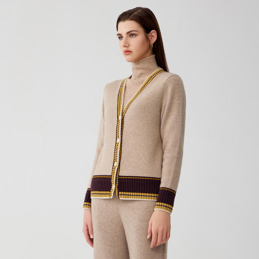 【V领撞色针织开衫】羊绒世家秋冬新品100%山羊绒衫时尚撞色针织保暖外套 商品图2