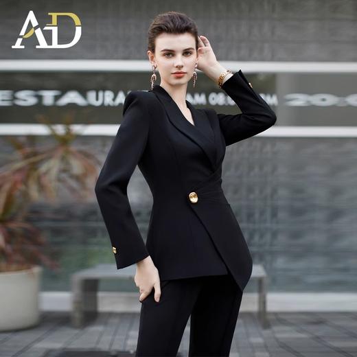 黑色围裹式翘肩西装套装女金属一粒扣西服外套洋气九分阔腿裤子 商品图3