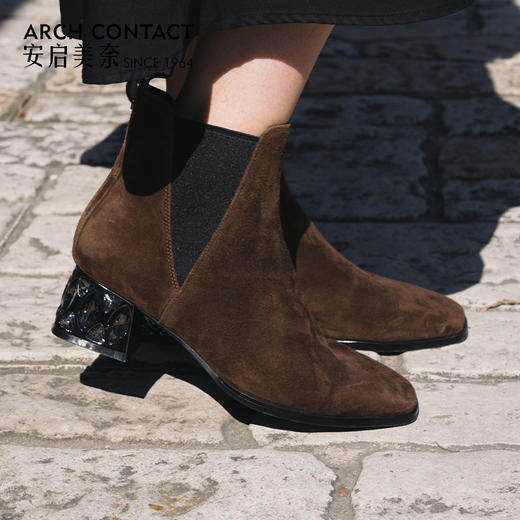 ARCH CONTACT安启美奈秋冬新品羊猄皮电镀水钻跟切尔西女靴 商品图8