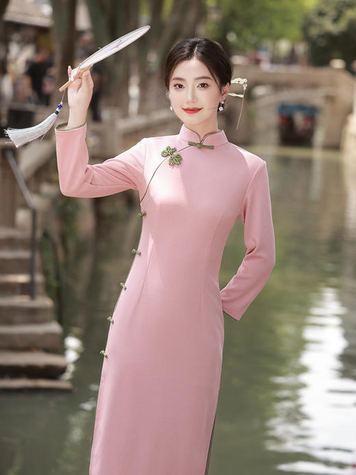 粉色旗袍年轻款高端气质改良少女秋冬新中式淑女QZX3068 商品图3