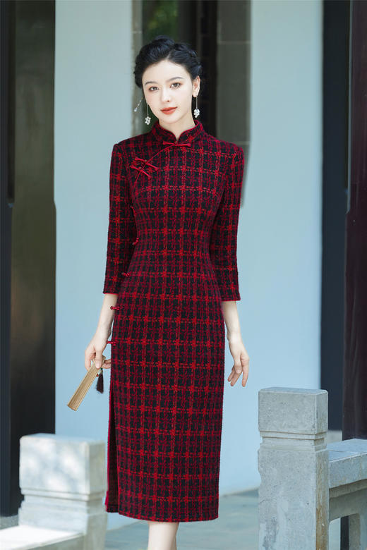 XS-851冬季新款真丝绒旗袍优雅复古民国风格子大码修身减龄装 商品图2