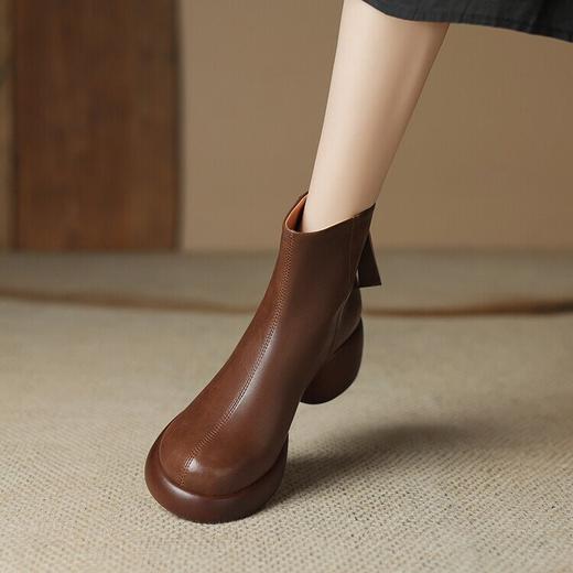 冬季新款，软皮圆头英复古时装靴女粗跟中跟后拉链瘦瘦烟筒靴ASN&1291 商品图2