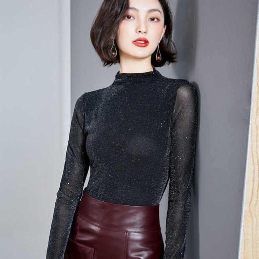 雀说 高领网纱打底衫女秋冬内搭闪光丝洋气小衫亮丝上衣女4ZF-MZ803602 商品图3