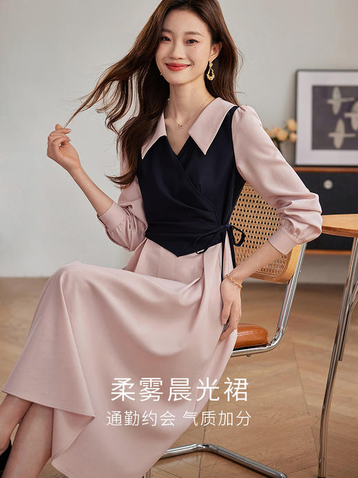 【专属特惠】熙世界法式气质撞色假两件连衣裙女高级感收腰显瘦裙子2025秋款 商品图1