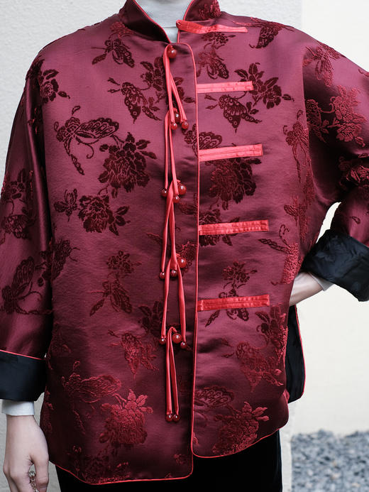 盛唐牡丹 |朱樱红真丝漳绒对襟外套-红底红纹样 商品图8