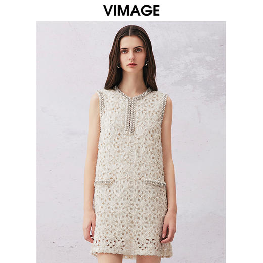 VIMAGE纬漫纪夏季新款小香风别致轻奢钉珠高腰连衣裙V2177710 商品图0