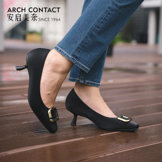 ARCH CONTACT安启美奈方头饰扣浅口优雅丝绸皮单鞋 商品图3
