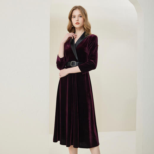 NA835斯尔丽新款气质V领收腰显瘦A摆灯芯绒中长款连衣裙 商品图2