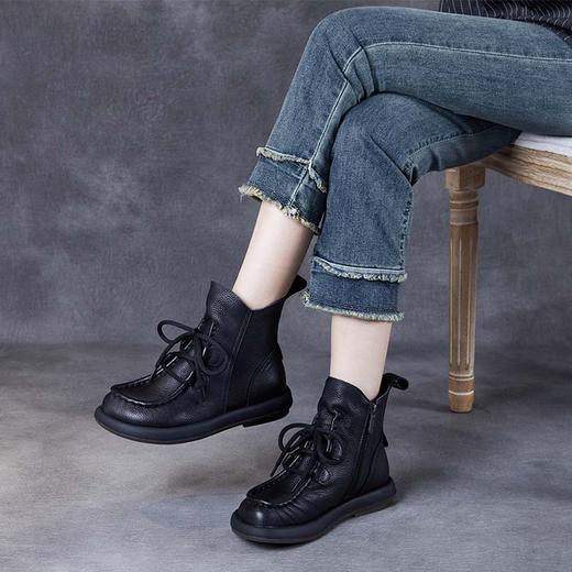 头层牛皮复古平底休闲短靴，咖色秋冬新品软底女靴高帮女式皮靴YY6668 商品图0