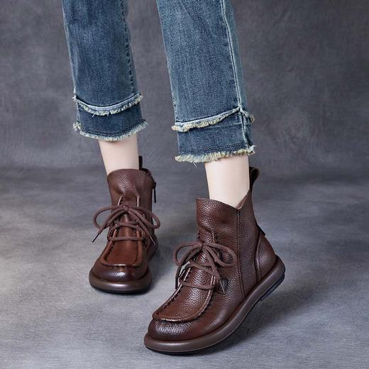 头层牛皮复古平底休闲短靴，咖色秋冬新品软底女靴高帮女式皮靴YY6668 商品图1