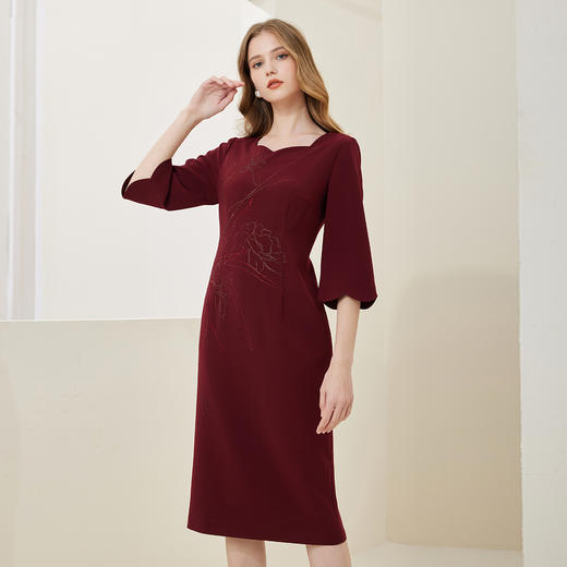 NA825斯尔丽春季新款优雅花瓣领简约修身烫钻收腰显瘦连衣裙 商品图2