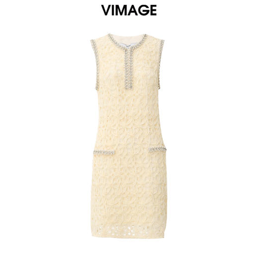 VIMAGE纬漫纪夏季新款小香风别致轻奢钉珠高腰连衣裙V2177710 商品图5