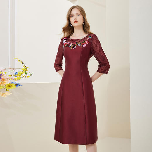 NA839斯尔丽春季新款圆领修身A摆贴花小礼服裙A摆中长连衣裙 商品图0