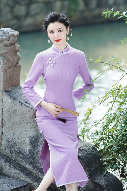 XS-853中国风秋冬新款改良纯色千鸟格长款旗袍日常高端中式修身优雅旗袍 商品图3