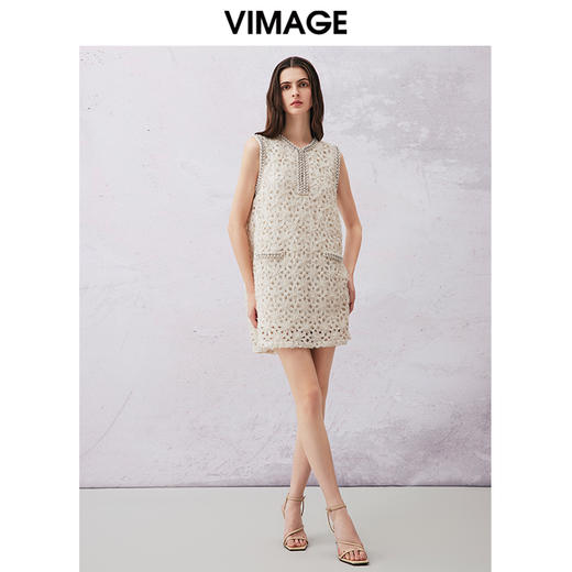 VIMAGE纬漫纪夏季新款小香风别致轻奢钉珠高腰连衣裙V2177710 商品图1