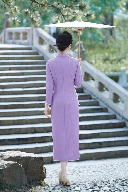 XS-853中国风秋冬新款改良纯色千鸟格长款旗袍日常高端中式修身优雅旗袍 商品图5