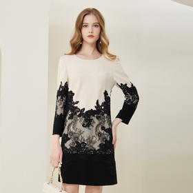 NA824斯尔丽春季新款时尚拼色贴花圆领收腰显瘦长袖连衣裙