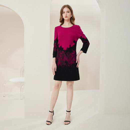 NA823斯尔丽春季新款时尚拼色贴花圆领收腰显瘦长袖连衣裙 商品图3