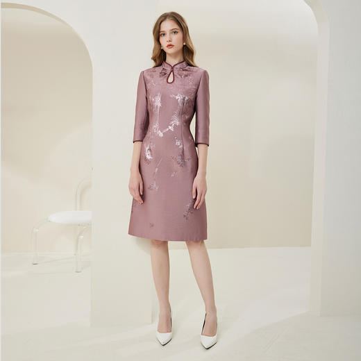 NA827斯尔丽春季新款旗袍领定位提花小A裙含桑蚕丝收腰连衣裙 商品图3