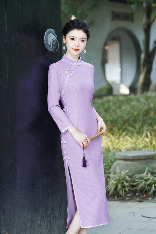 XS-853中国风秋冬新款改良纯色千鸟格长款旗袍日常高端中式修身优雅旗袍 商品图4