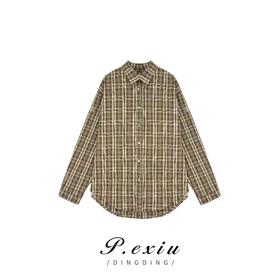 3-1潘依绣丁丁宠粉秋季新款复古港风格子宽松休闲长袖衬衫 K7973