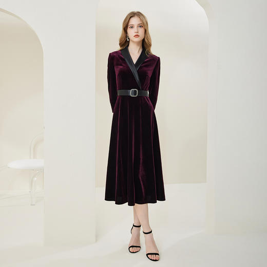 NA835斯尔丽新款气质V领收腰显瘦A摆灯芯绒中长款连衣裙 商品图3