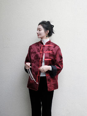 盛唐牡丹 |朱樱红真丝漳绒对襟外套-红底红纹样