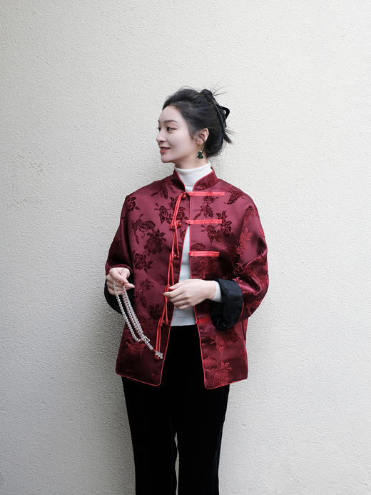 盛唐牡丹 |朱樱红真丝漳绒对襟外套-红底红纹样 商品图0