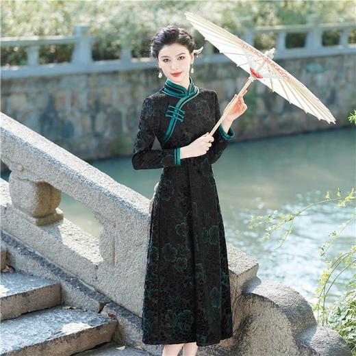 XS-856日常改良修身大码彩金植绒冬季加绒加厚良奥戴旗袍连衣裙 商品图2