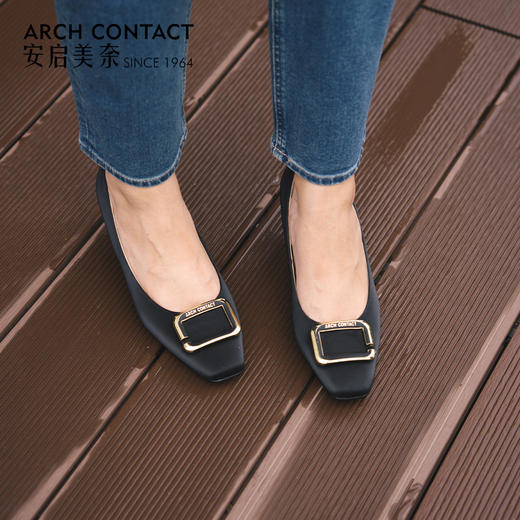 ARCH CONTACT安启美奈方头饰扣浅口优雅丝绸皮单鞋 商品图2