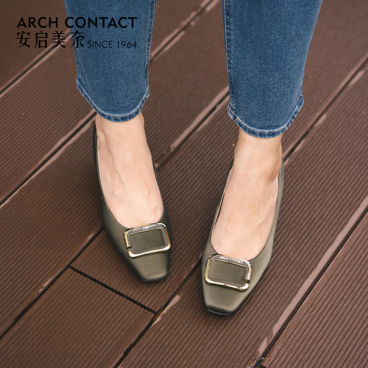 ARCH CONTACT安启美奈方头饰扣浅口优雅丝绸皮单鞋 商品图1