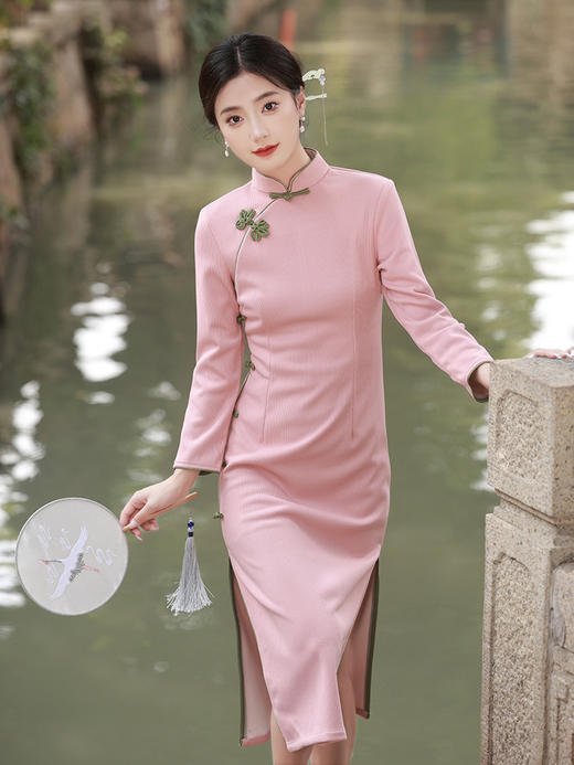 粉色旗袍年轻款高端气质改良少女秋冬新中式淑女QZX3068 商品图1
