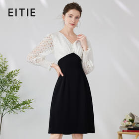 EITIE爱特爱镂空灯笼袖优雅V领高腰显瘦撞色a字连衣裙24春新款A2407325