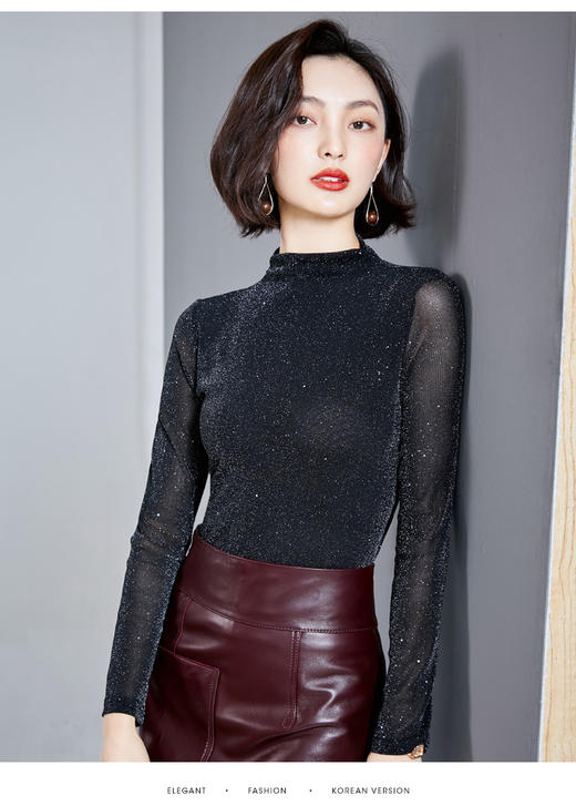 雀说 高领网纱打底衫女秋冬内搭闪光丝洋气小衫亮丝上衣女4ZF-MZ803602 商品图7