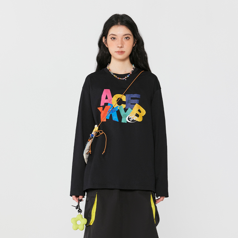 YKYB中性彩色字母胶带长袖T恤2025春新款设计感男女宽松纯棉上衣