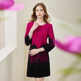 NA823斯尔丽春季新款时尚拼色贴花圆领收腰显瘦长袖连衣裙