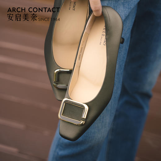 ARCH CONTACT安启美奈方头饰扣浅口优雅丝绸皮单鞋 商品图0