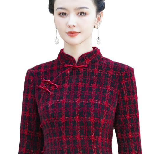 XS-851冬季新款真丝绒旗袍优雅复古民国风格子大码修身减龄装 商品图7