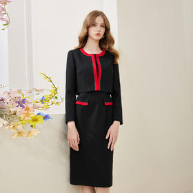 RE8A3斯尔丽春上新撞色修身圆领烫钻两件套外套+连衣裙