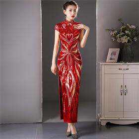 丝绒亮片走秀演出旗袍 ，红色性感修身改良复古宴会旗袍SQF8844