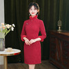 A271023高档旗袍连衣裙红色秋冬新款加绒加厚气质改良版旗袍短款喜庆红装 商品缩略图2