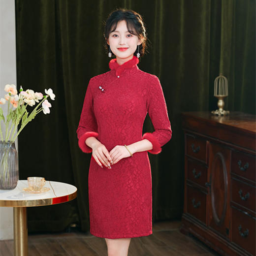 A271023高档旗袍连衣裙红色秋冬新款加绒加厚气质改良版旗袍短款喜庆红装 商品图2