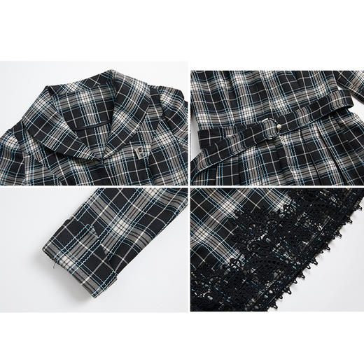 司歌格纹修身长袖复古收腰风衣连衣裙R881043 商品图1