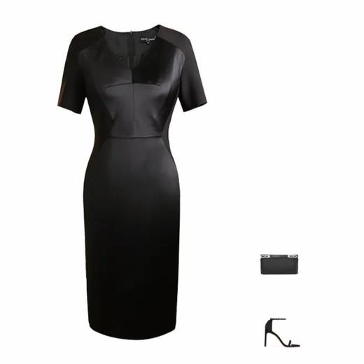 缎面拼接设计中短袖连衣裙、黑色礼服气质宴会修身名媛  1801052 商品图2