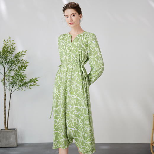 EITIE爱特爱优雅V领抽绳收腰通勤显瘦绿色过膝印花连衣裙24春新款A2407323 商品图2