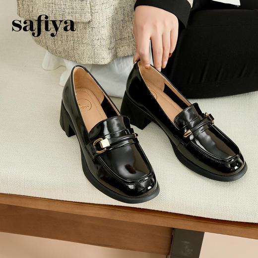 Safiya/索菲娅2024春季新品复古金属扣漆皮一脚蹬粗跟英伦乐福鞋 SF41112078 商品图3