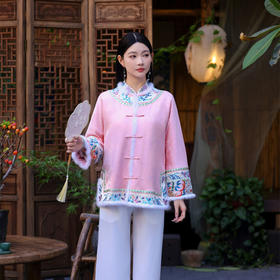 FLZD-23199新中式凤喜刺绣毛边拼接夹棉上衣女复古盘扣醋酸缎面上衣23199